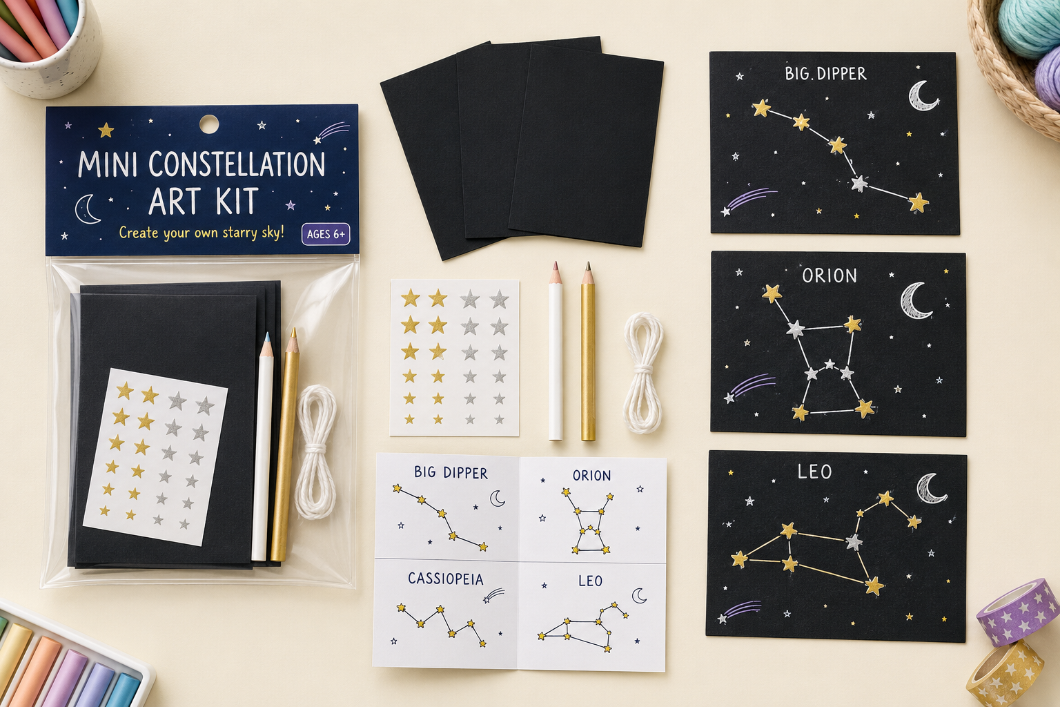 Mini constellation art kit with black cards, star stickers, pens and constellation guides